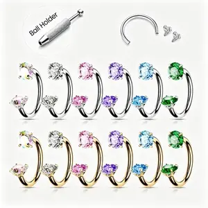 6pcs Value Pack 316L Titanium Steel 18G 1.0mm Internally Threaded Gems Horseshoe Hoop Nose Rings, Nose Piercing Jewelry with Free Ball Holder & Guiding Tube #summervibes