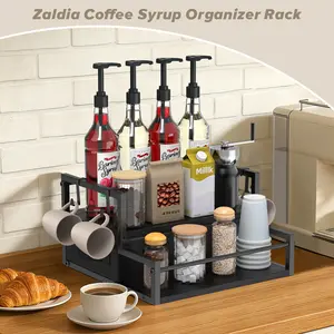 Zaldia Coffee Syrup Organizer Rack 2-Tier with K Cup Storage Drawer & Syrup Rack Station Classic Black Wooden Three-Tier for Wine Tea Condiment