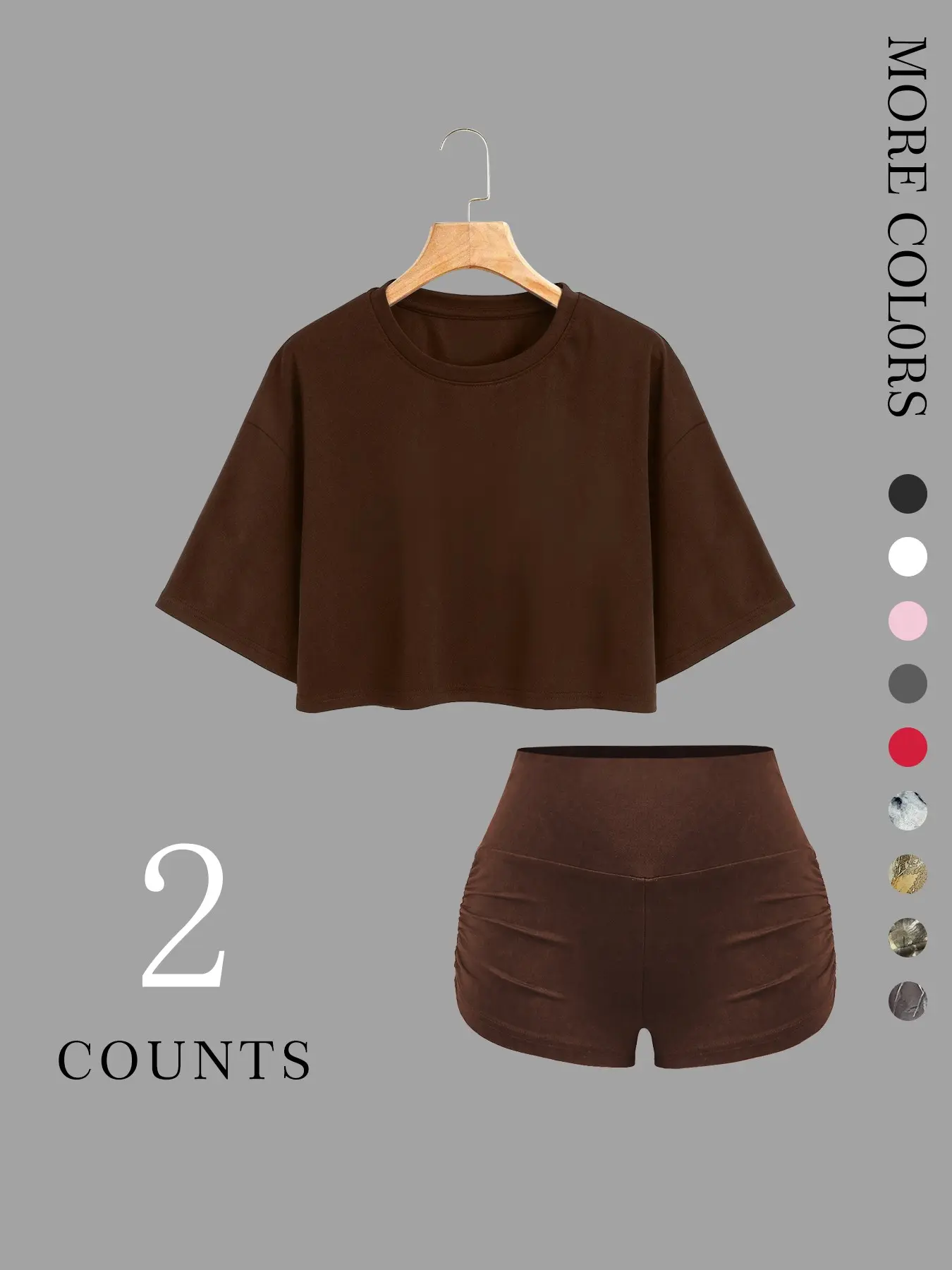 Women's 2-Piece Crop Top & Shorts Set | Oversized short sleeve sporty round neck tee + high-waisted ruched yoga shorts, available in multiple colors, trendy casual outfit perfect for workouts & daily streetwear, Workout Summer Clothes
