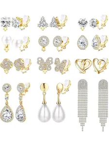 Gold Silver Clip on Earrings for Women Teardrop Earrings Trendy Pearl Drop Dangle Non Pierced Earrings Pack Earring Stacking Set Butterfly Heart CZ Rhinestone Crystal Simulated Diamond Long Chandelier Clip on Stud Earrings Set