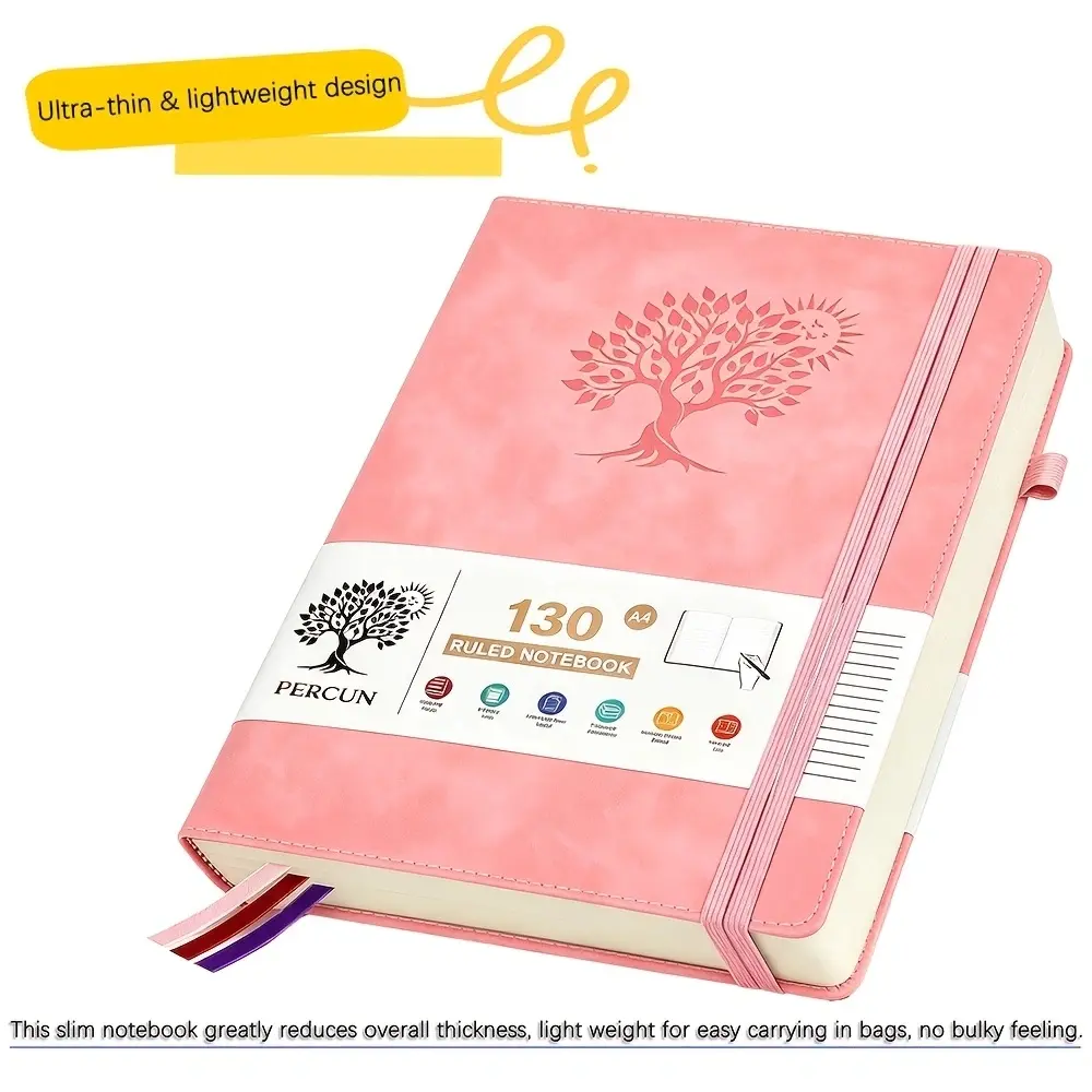A4 Lined Hardcover Notebook - Slim Lightweight Journal with Elastic Closure, 130 Pages, Ideal for Party Gifts, Available in Black, Pink, Purple, the notebook