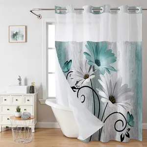 Cyan No Hooks Double-layer Shower Curtain, Daisy Printed Waterproof Fabric, Retro Country Style Home Decoration, Hotel, Dormitory and Bathroom Accessories, 72x75in
