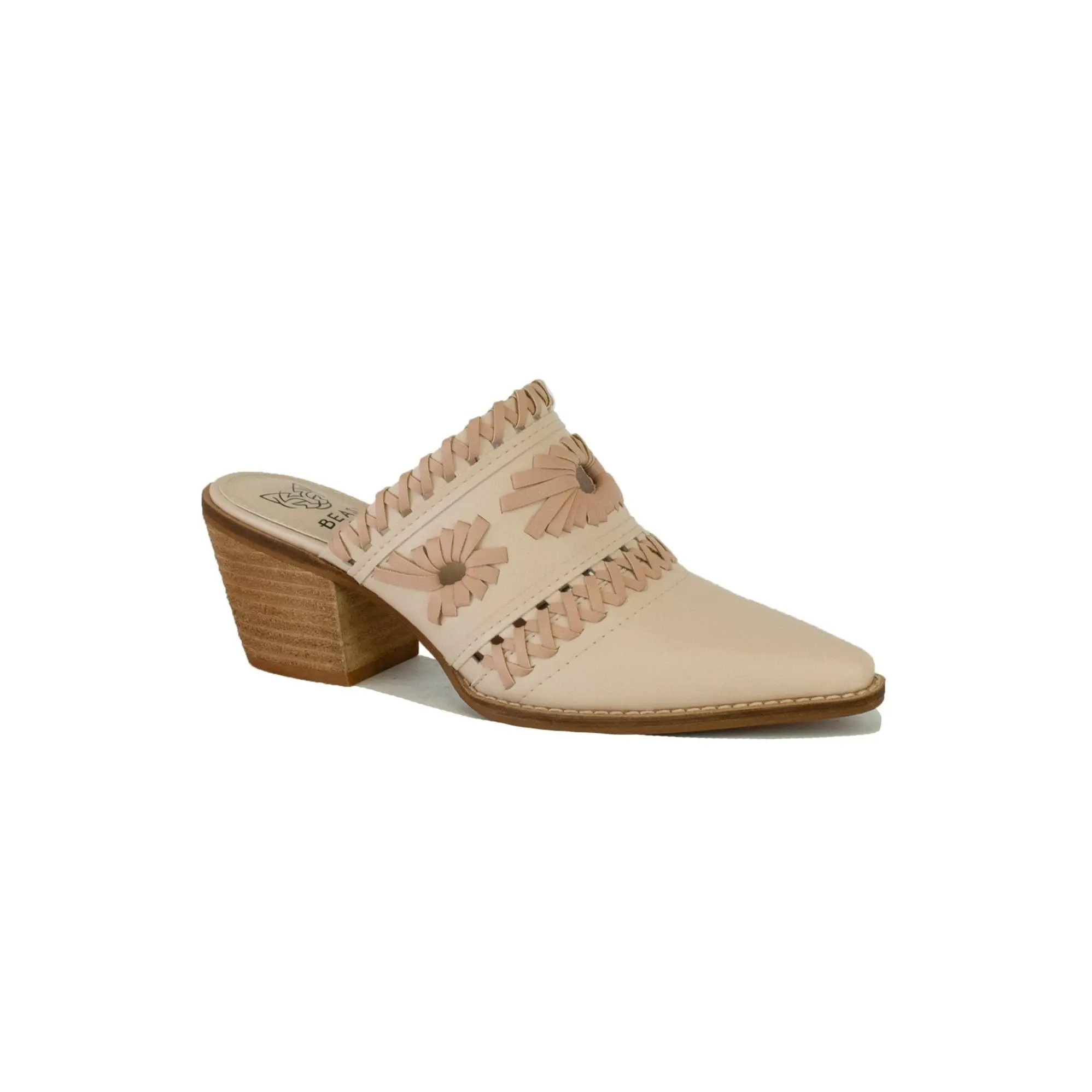 Women's Woven PU Leather Mules with Floral Accents, Slip-On Stacked Block Heel Shoe for Casual & Semi-Formal Occasions, Footwear, Everyday Shoes, Faux Leather, Rustic, 2.75 Inches