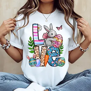 Easter Bunny Love Pattern Printed T-Shirt White Crew Neck Casual Tee For Women Festival Party Wear
