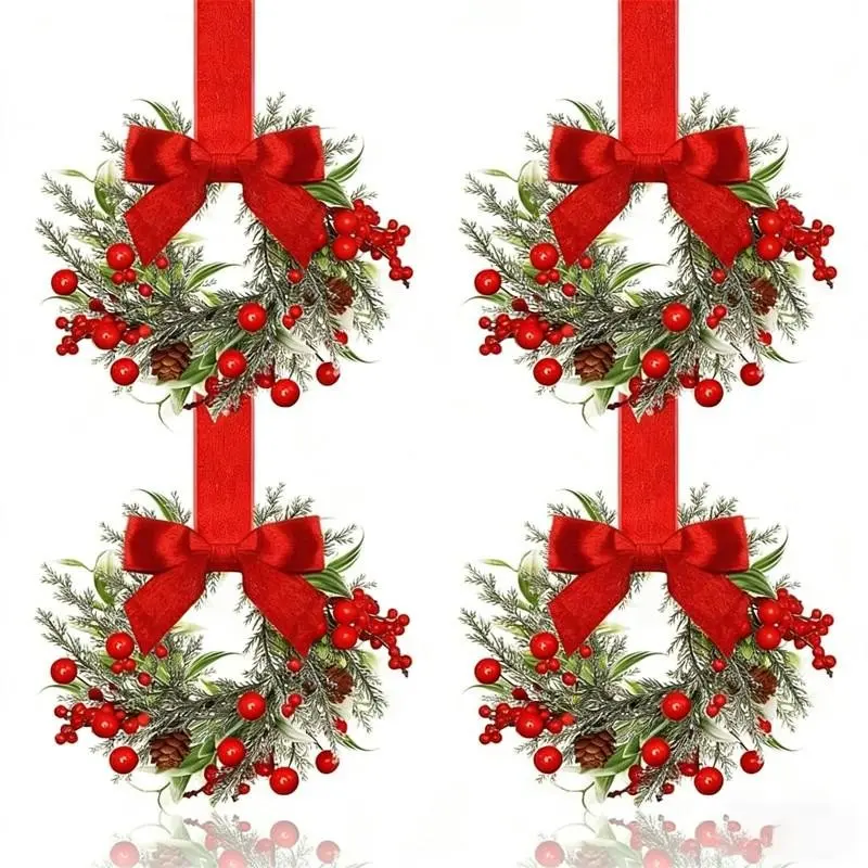 4-Pack 6-Inch Christmas Mini Cabinet Wreaths, Kitchen Ribbon Bow Berry Small Window Wreath, Door Frame Farmhouse Party Decorations