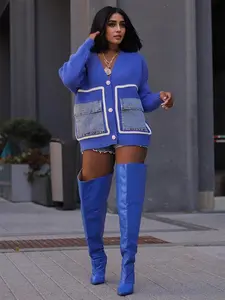 Women's Patchwork Button Front Loose Sweater Cardigan, Casual Deep V Neck Long Sleeve Pocket Cardigan, Ladies Spring & Fall Knitwear