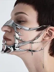 Cyberpunk Metal Mask Unique Design Fluid Mechanical Ear Cuff Lip Ring Adjustable Face Accessory Unisex Fashion Jewelry