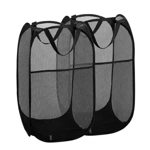 LMMAKE Upgraded Collapsible Mesh Pop Up Laundry Hamper with Sturdy Handles Side Pocket Portable Clothes Baskets for Dorm Bathroom Travel Storage Black Space Saving Breathable Durable Multi Functional Pet Friendly Hamper Set