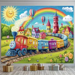 1pc Polyester Vibrant Train Park Party Banner - Backdrop with Whimsical Train, Rainbow, Castle Scene - Ideal for Birthday Party Home Decor, Photo Props
