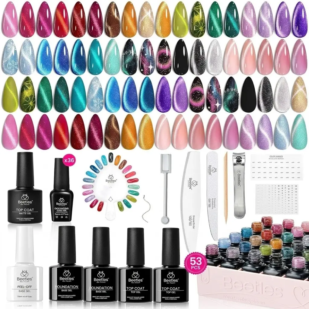Beetles Cat Eye Gel Nail Polish Set, Shimmer Glitter Gel Polish Set Soak Off LED UV Curing Requires Silver Pink Blue Orange Green Purple Velvet Gel with Magnet Gift for Women Manicure Glossy  #Summervibes