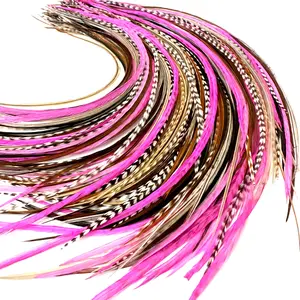 50 Natural & Pink Color Hair Feathers - 9”-14” Long - 50 Micro-link Beads - Eye-Catching Design - 100% Real Rooster Feathers for Hair Extension