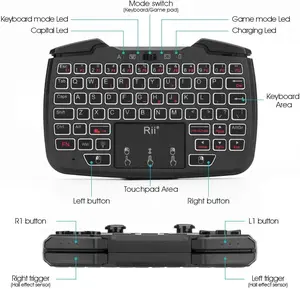 Rii RK707 3 in 1 Multifunctional 2.4GHz Wireless Portable Game Controller 62-Key Rechargeable Keyboard Mouse Combo Turbo Vibration Function for PC/Raspberry pi2/Android TV Google/TV B