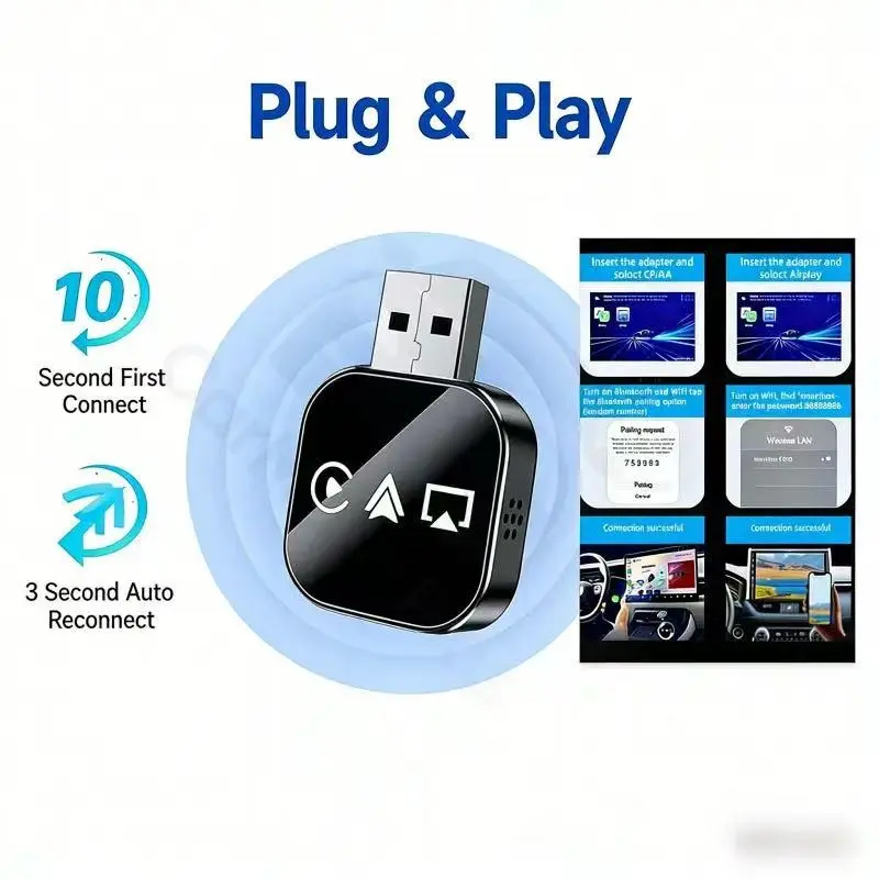 Three-In-One Wired to Wireless Carplay Adapter, Carplay Streaming Adapter, Carplay Converter, Airplay Screen Mirroring, Plug-And-Play, Low Latency, Stable Signal, Portable Car Electronics