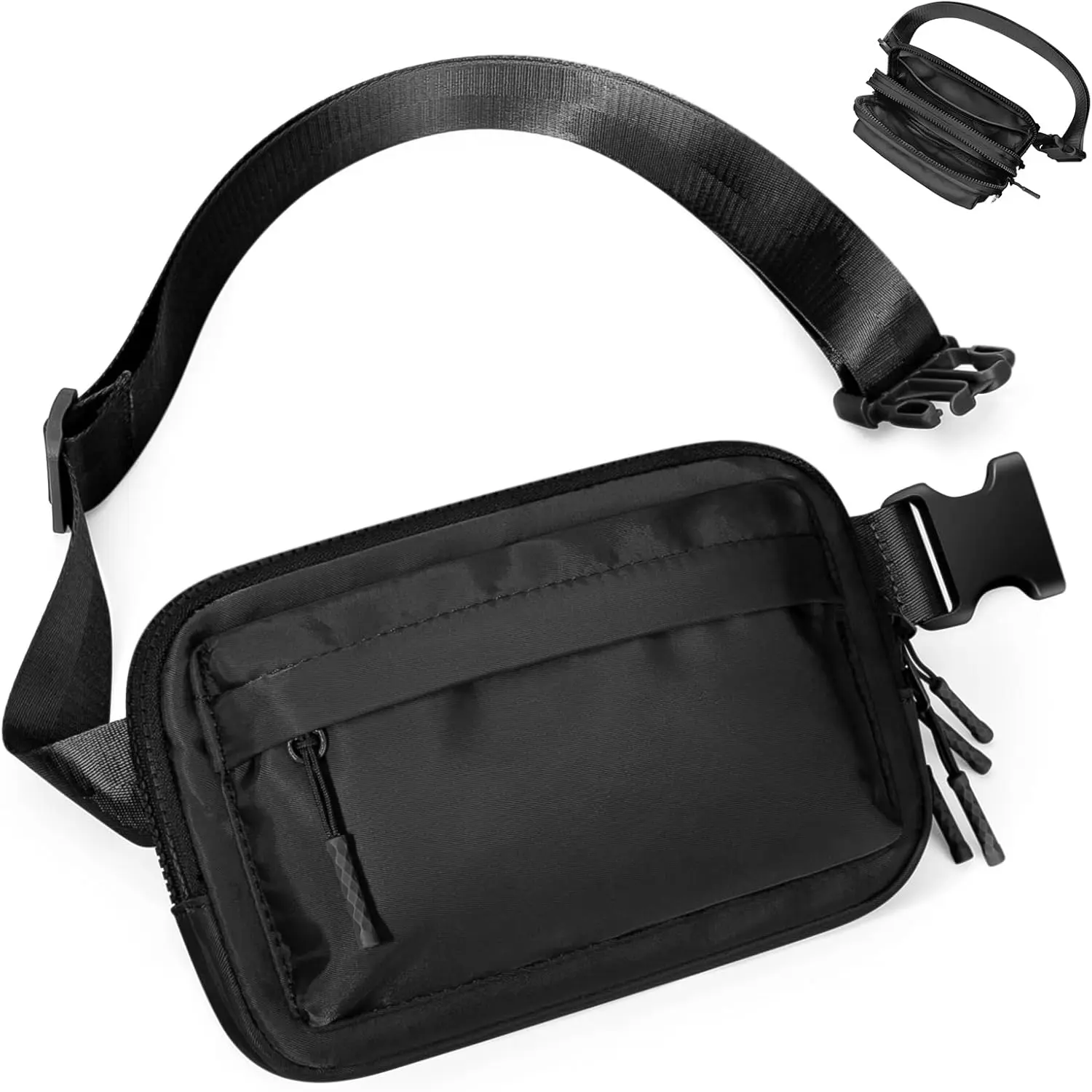 Fanny Packs for Women Men Belt Bag with 4 Zipper Pockets, Adjustable Long Strap, Black, Ideal for Workout/Running/Yoga/Shopping/Hiking