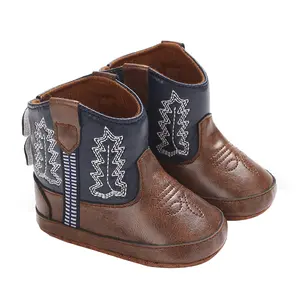 Canrulo Leather Western Boots Cowboy Bootie Soft Sole Non-Slip Crib Shoes for Baby Infant Toddler Girls Boys Newborn