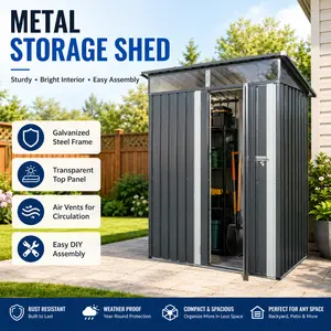 Outdoor Storage Shed 5x3 Metal Shed Backyard Tool Organizer Gray Garden Shed with Transparent Skylight Panel Waterproof Patio Bike Storage Lockable Outdoor Storage House for Lawn Mower Yard Tools Organization