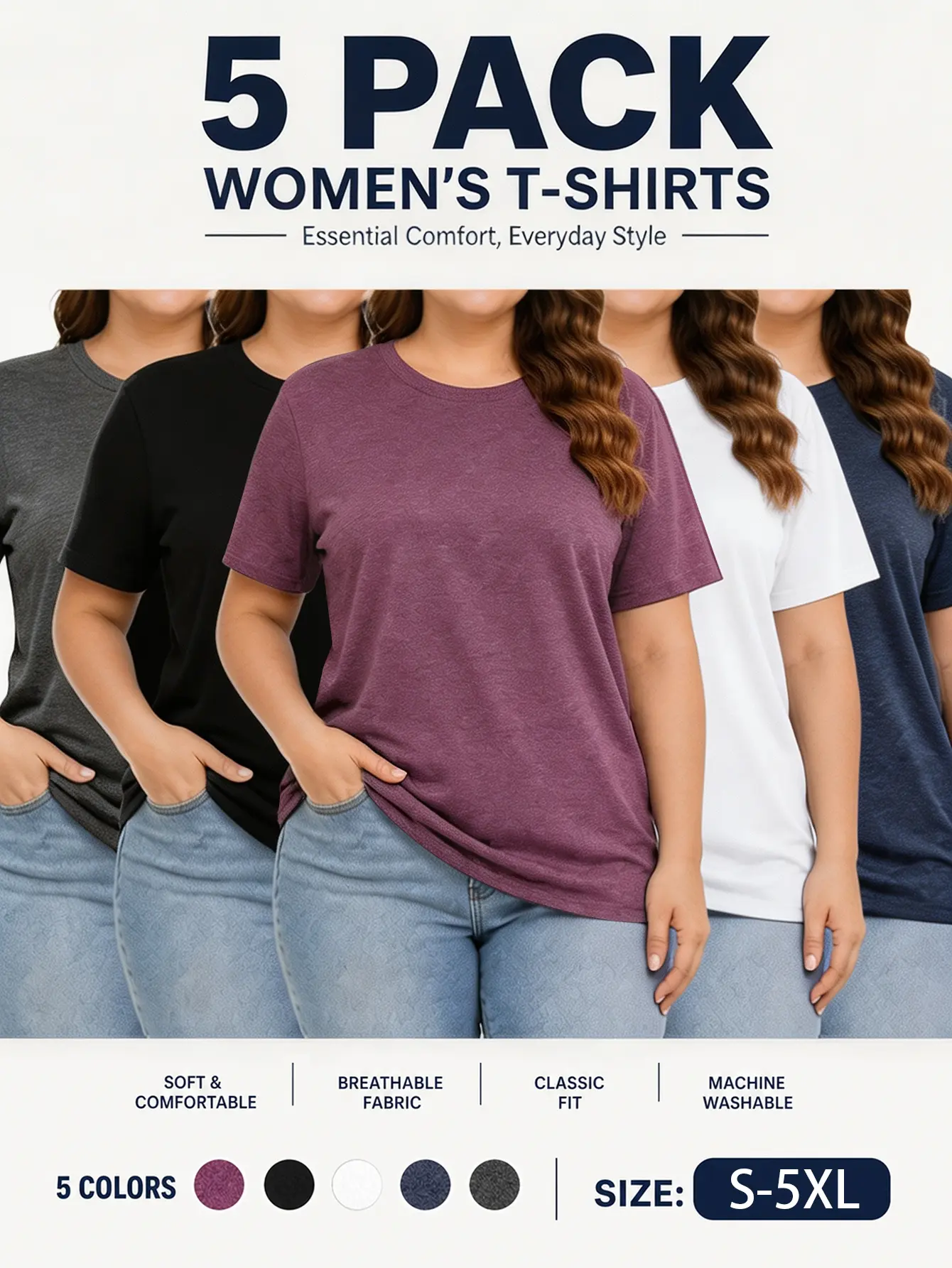 5 Pack Women's Crewneck T-Shirts Short Sleeve Casual Classic Fit Tee Shirts Soft Breathable Basic Tops Plus Size