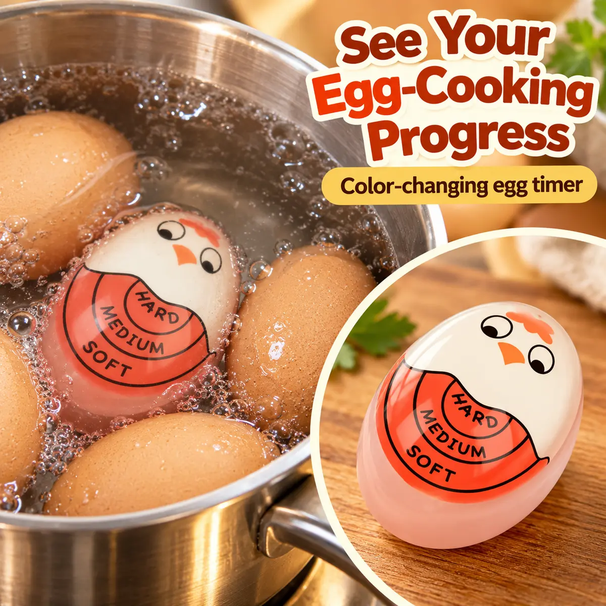 Color-Changing Egg Timer with Soft, Medium and Hard Indicators, Egg-Shaped Kitchen Cooking Guide