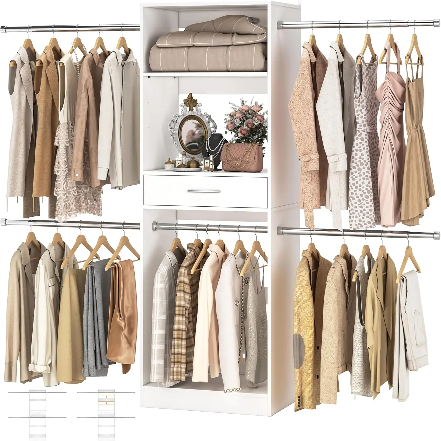 8FT Closet System, 96 Inch Walk in Closets Organizer Kit with 4 Extendable Hanging Rods and Drawer, Adjustable Wood Garment Rack, Sturdy Closet Insert, Easy Assembly, Max Load 1000 LBS