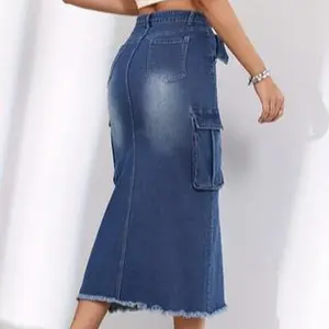 JUNBAOSS Women's Dark Blue A Line Skirt Casual Stretch Mid Rise Long Denim Dress Straight Fit,Mid-Length Streetwear Denim Skirt with Button & Cargo Pocket & Frayed Hem FallFreshness Fitted Bottom Womenswear Slim Slim