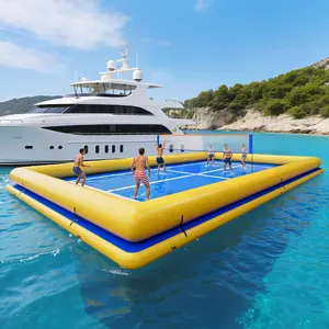 [SummerVibes]AMERLIFE 46×26 FT Commercial Inflatable Pickleball & Volleyball Court, Floating Arena with PVC Platform and Quick-Setup Net, Floating Mat for Lakes & Pools, Blue & Yellow