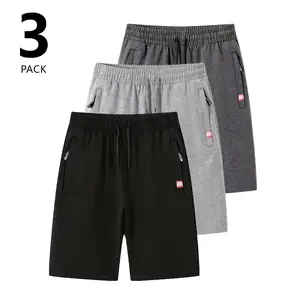 Set of 3 men’s athletic shorts — moisture-wicking, breathable polyester fabric; regular fit, non-stretch shorts with pockets; suitable for beach, running, and summer casual wear; minimalist style, durable design for fitness and outdoor activities.