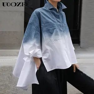 UOOZEE Womens High - Low Blouse Loose Gradient Print Split - Side Lapel Comfortable Casual Blouses & Tops Summer