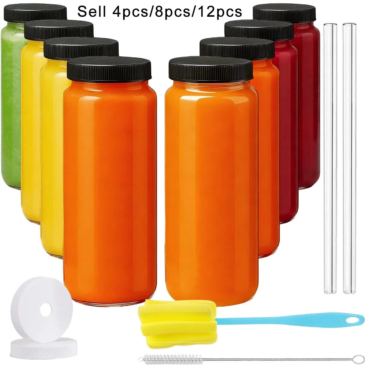 Glass Juice Bottles with Lids, Drink Containers, Glass Drinking Bottles with Lids, Glass Straw, Straw Brush and Cup Brush, 4/8/12 pcs 480ml, Clear Glass Juice Bottles for Milk, Hot Cold Drinks, Homemade Beverages, Reusable Water Bottles