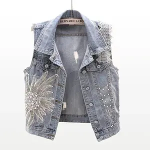 Women’s Fashion Lace Beaded Denim Vest/Cardigan, Spring 2024 New Arrival, Sleeveless Loose Vintage Style Waistcoat, Tide R359