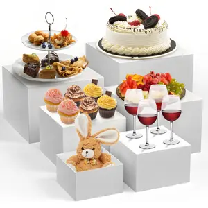 6-Piece White Stackable Display Risers - Multi-Sized Food Stands for Dessert Table & Buffet - Heavy Duty PVC Nesting Risers for Wedding, Bakery & Retail Display - 750lb Total Capacity - Black/White