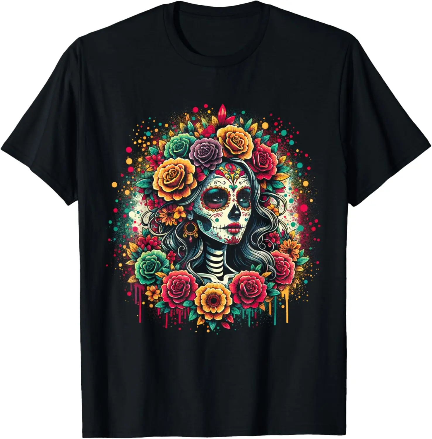 100% Cotton Top De Los Muertos La Catrina Day of the Dead Sugar Skull Women T-Shirt