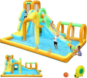 JOYMOR 10-in-1 Inflatable Water Slide Bounce House w/Water Bucket, Tunnel, Water Cannon, Basketball Hoop, 1min Blow Up Water Slide (Include Air Blower), Backyard Water Slide Park for Kids 3-10Y