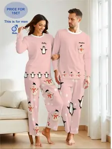 A soft and casual set with a pink theme for penguins and snowmen, comfortable holiday pajamas, suitable for couples, family gatherings and Christmas parties. Holiday matching outfits, Christmas pajamas