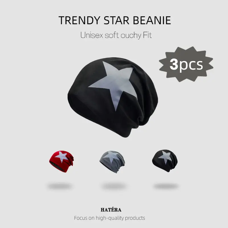 Unisex 3pcs Star Print Cozy Fashion Slouchy Beanie - Soft Knit Oversized Hat, Easy-to-Style Fall-Winter Casual Streetwear Cap, New Year Gift Watch Hat, Cozy Beanie, Fashion Beanie