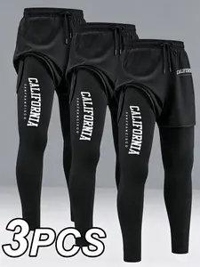 Men's Trendy American California Print Sport Pants 3-Pack, Summer Breathable Quick-Dry Running Training Long Pants, Casual Fitness Pants, High Elasticity Comfort