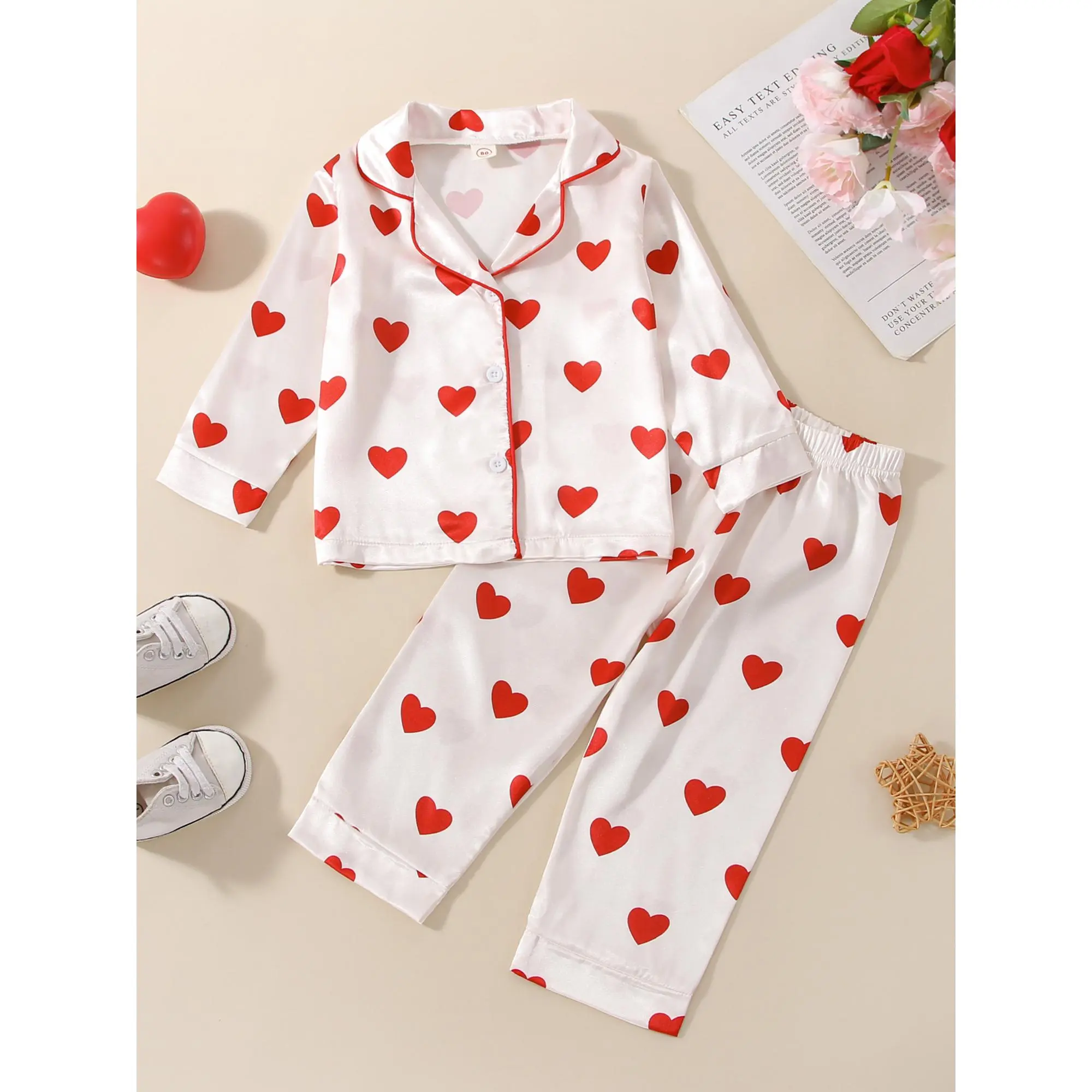 Kid Girl Pajamas, Long Sleeve Lapel Neck Buttons Heart Print Tops Sleeping Home Straight Pants
