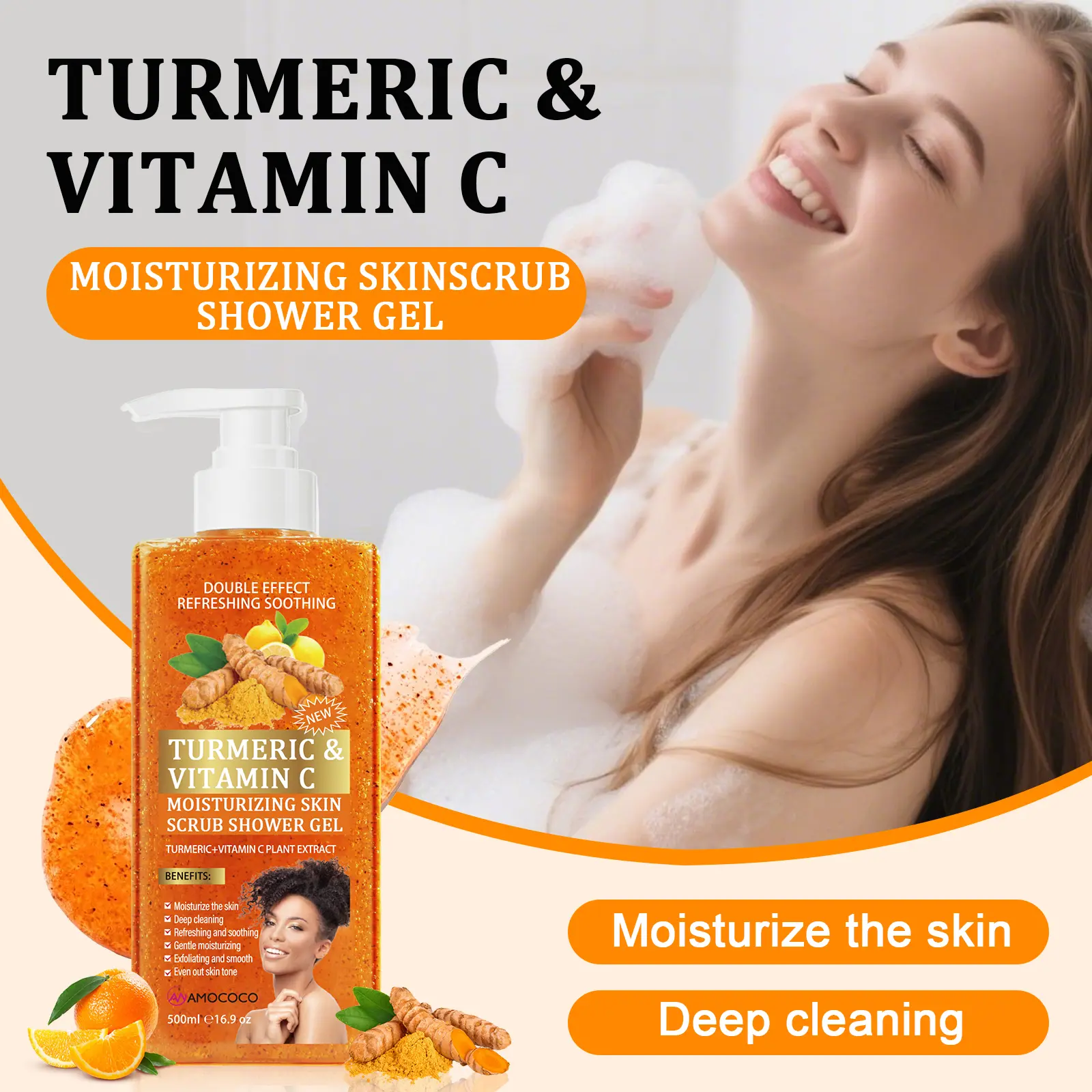 Nourishing Turmeric Body Wash with natural extract & glycerin, gentle cleansing, rich lather, deeply moisturizes skin, leaves it smooth and supple, suitable for all skin types, daily use for men and women
