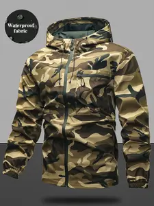 Men's Casual Solid Camo Camouflage Pocket Drawstring Hooded Long Sleeve Jacket, Regular Fit Fitted Zip Up Jacket, Stylish Outfit for Spring & Fall, Menswear, Men's Tops, Coats
