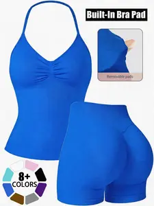 Women's Sporty High-Waist Seamless Shorts Set, Sport Knit Set, Breathable Compression Wear, Sleeveless Above-The-Knee Design, All-Season Fitness Gear