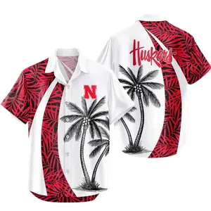 Nebraska Huskers Hibiscus Hawaiian Shirt Palm Tree Print with Red and White Design, Casual Short Sleeve Button Down Shirt, Sporty Team-Inspired Shirt, Unisex Summer Beach Shirt for Men Women