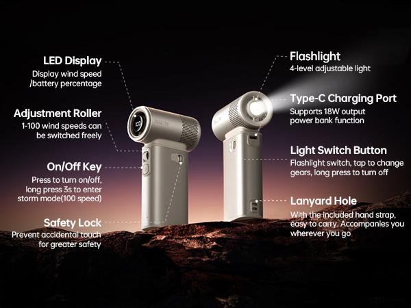 Jisulife Multifunction Portable Handheld Turbo Fan with 9000 mAh Powerbank & Flashlight 100 Speeds Adjustable Mini Personal Fan for On-the-Go Cooling