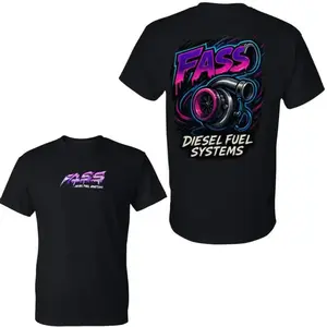 FASS Diesel T-shirt, double-sided graphic tee, featuring a neon-colored turbocharged engine design and striking logo, automotive diesel performance streetwear, soft cotton blend shirt, a gift for truck owners and car enthusiasts