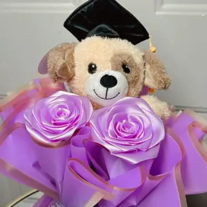 Purple Graduation Gift with Teddy Bear, Includes Purple Roses and Decorative Bows