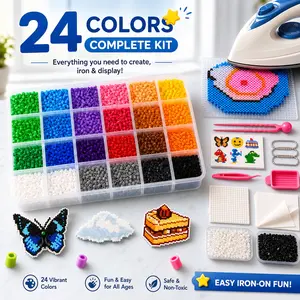 24-Color Plastic Fuse Beads Set, 2.6mm 3D Pixel Puzzle Beads, DIY Craft Bead Kit with Nail Board, Ironing Paper, Tweezers and DIY Beading Accessories, DIY Jewelry Accessories