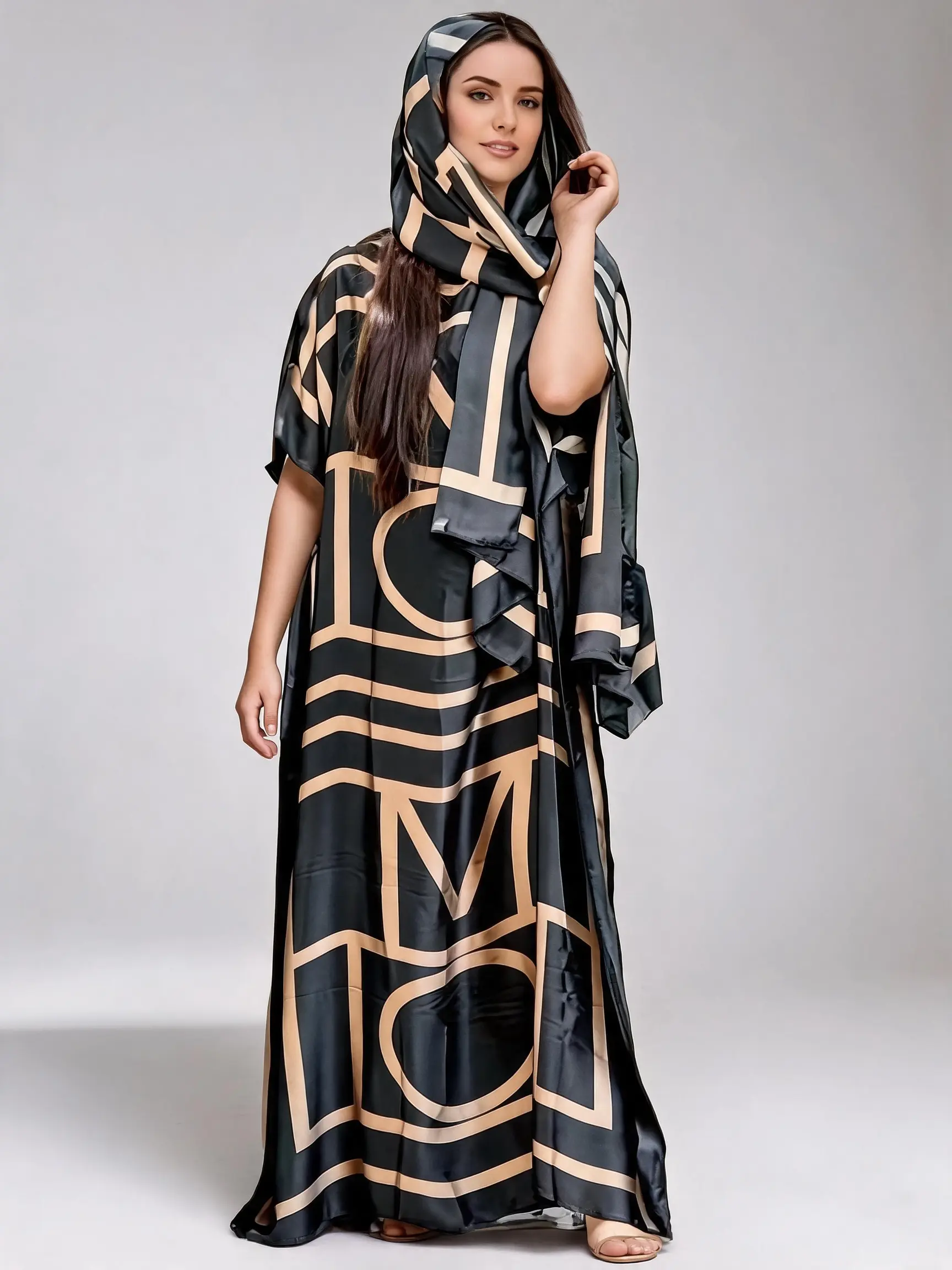 BEDAZZLED MOOMOO Women's Modest Islamic Elegant Satin Oversized Kaftan Robe - Ethnic Paisley Retro Print Maxi Dress with Scarf, Smooth Minimalist Beach Wear, Formal-Casual Party Outfit, Casual Wear, Breathable, Ethnic Print Kaftan, Muslim Kaftan Dress