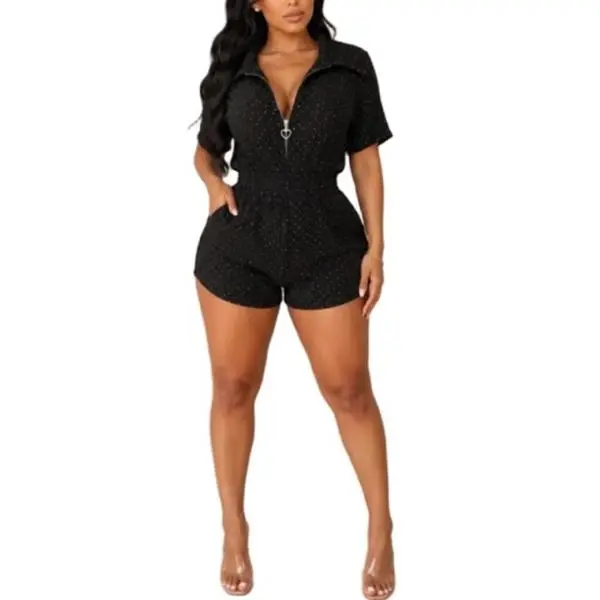 Evie Romper - Soft pleated stretch fabric with allover rhinestone detail, Heart-shaped zipper pull front closure, Flattering elastic cinched waist, Functional side pockets, Relaxed fit with cuffed shorts, Perfect for parties, vacations, and girls' nights