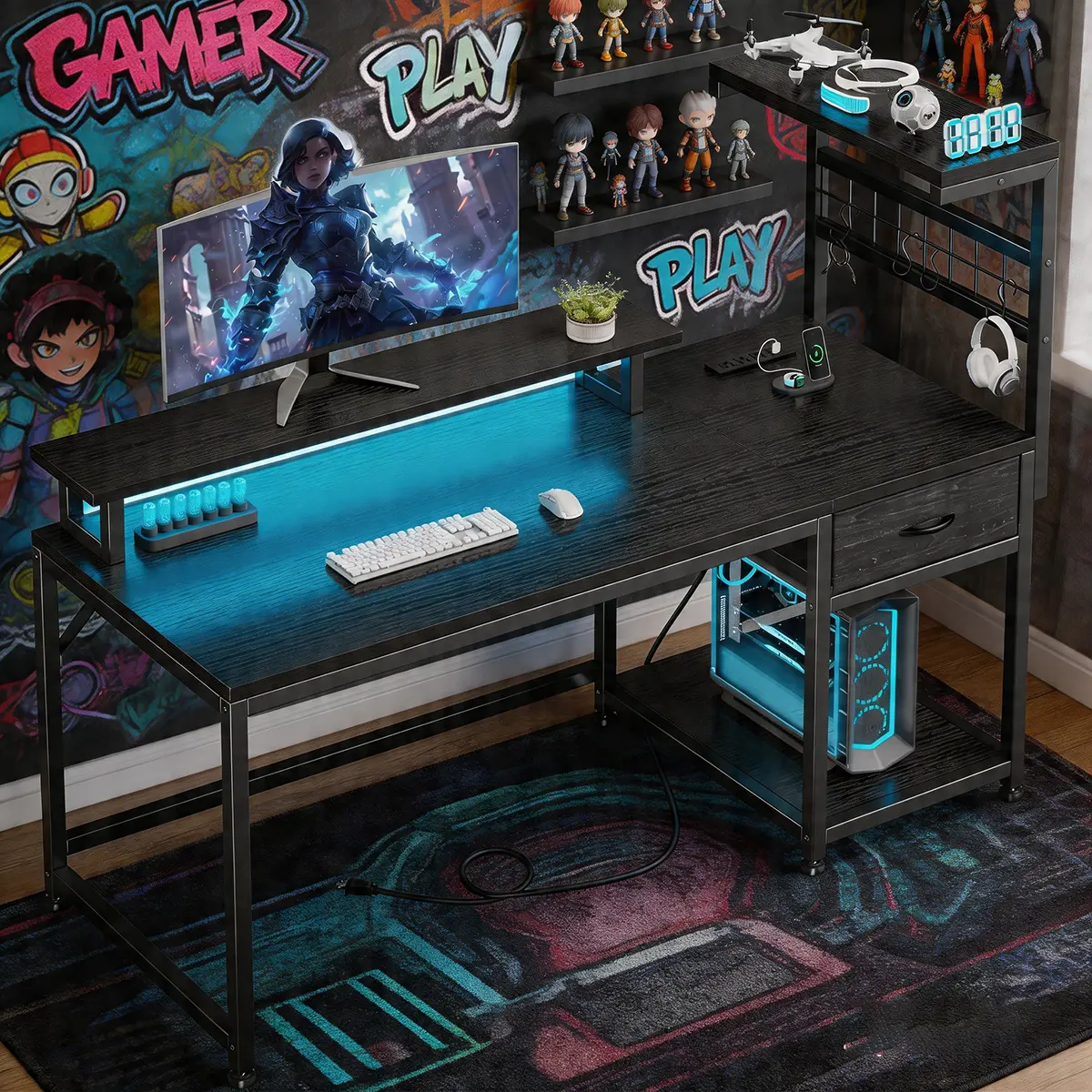 【LED Corner Desk】Sturdy & Solid 48'' Gaming Desk with Drawer & Monitor Stand, Computer desk with LED Lights & 3 AC Power Cord & Outlets,Home Office Desks with PC Stand,Side Shelf,Metal & Wood Construction,Easy to Assemble,BF & Children Gift, Black