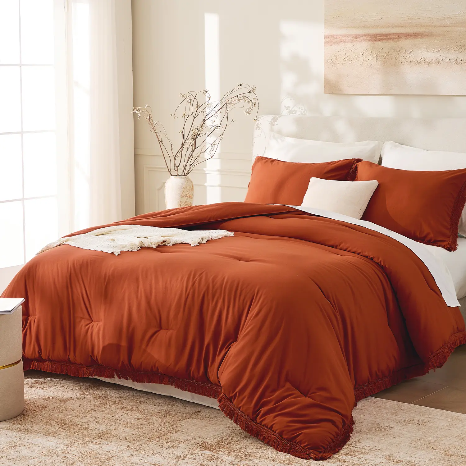 Andency Boho Tassel Comforter Set – Soft Lightweight Tassel Bedding, Cozy All-Season Bed in a Bag, 7-Piece Set