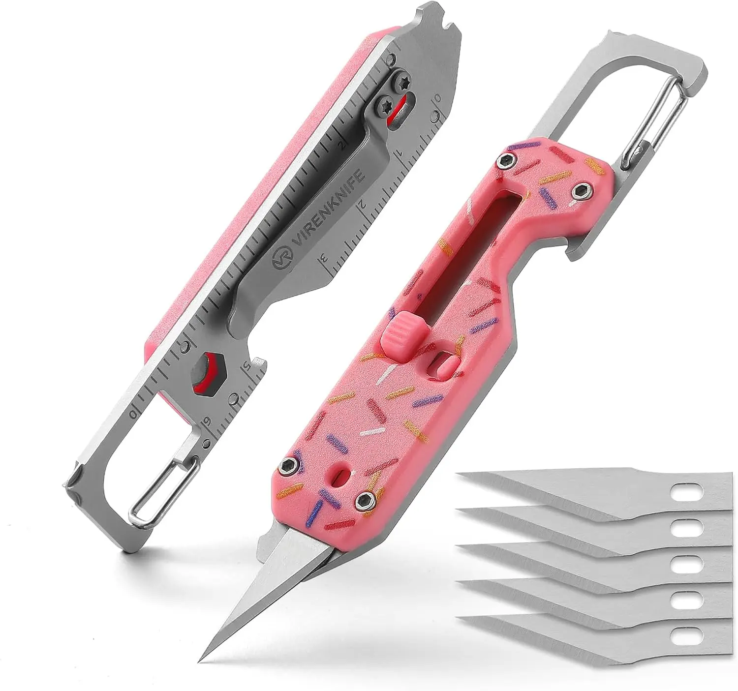 VIRENKNIFE 12-in-1 Compact with Clip EDC Multitool Keychain (4.29 in, 1 oz) – EDC Knives, Retractable Razor Blade Box Cutter, Screwdriver, Pry Bar, Carabiner, Bottle Opener (Donut, Great Gift Idea), 1 Ounce