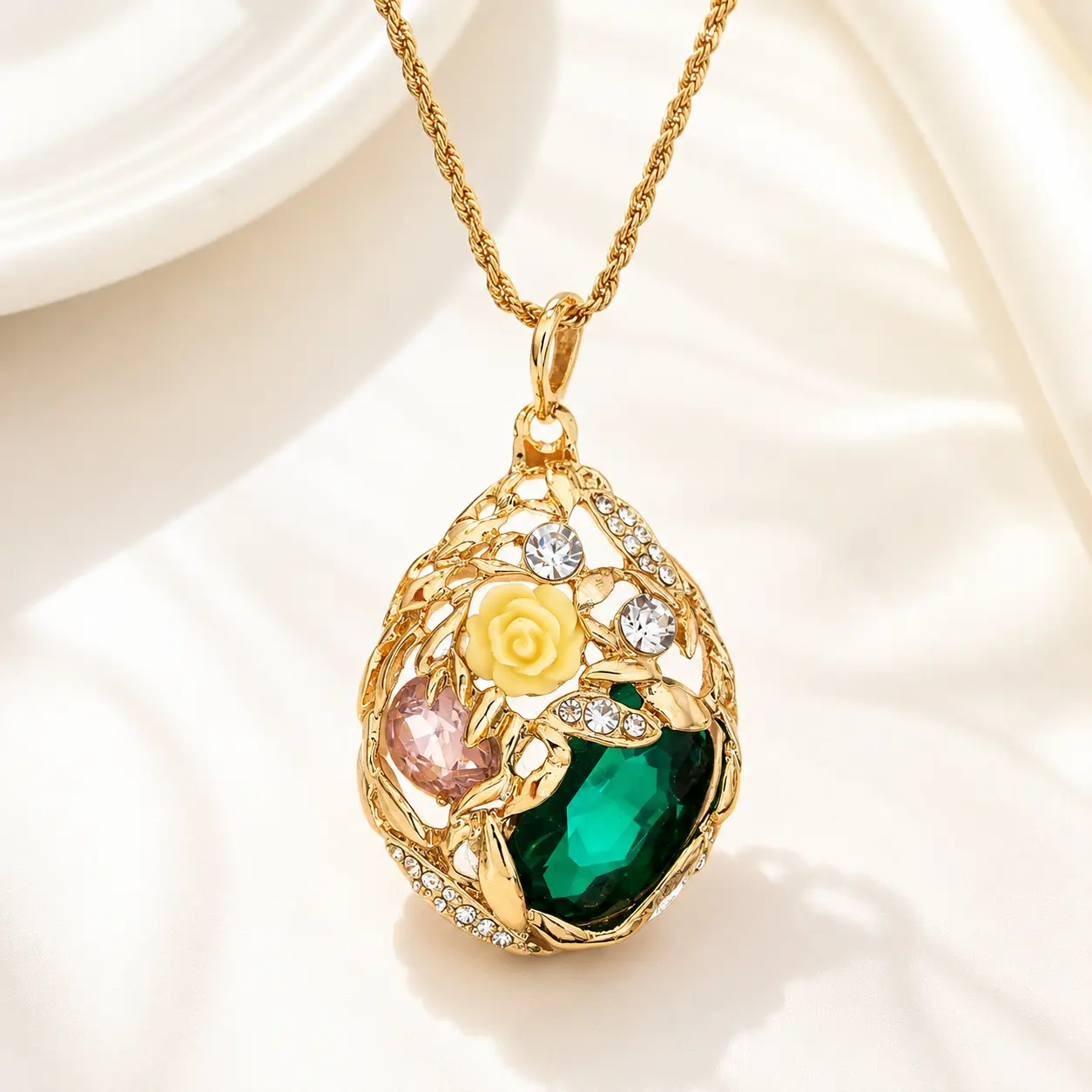 Vintage Gold-Tone Pendant Necklace for Female, Teardrop Floral Frame with Rose Accent and Twisted Rope Chain, Complete Statement Jewelry for Parties, Metallic